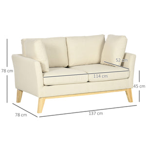 EasyComfort Divano da 2 Posti in Legno di Eucalipto e Tessuto Effetto Lino con 2 Cuscini, 137x78x78 cm, Beige