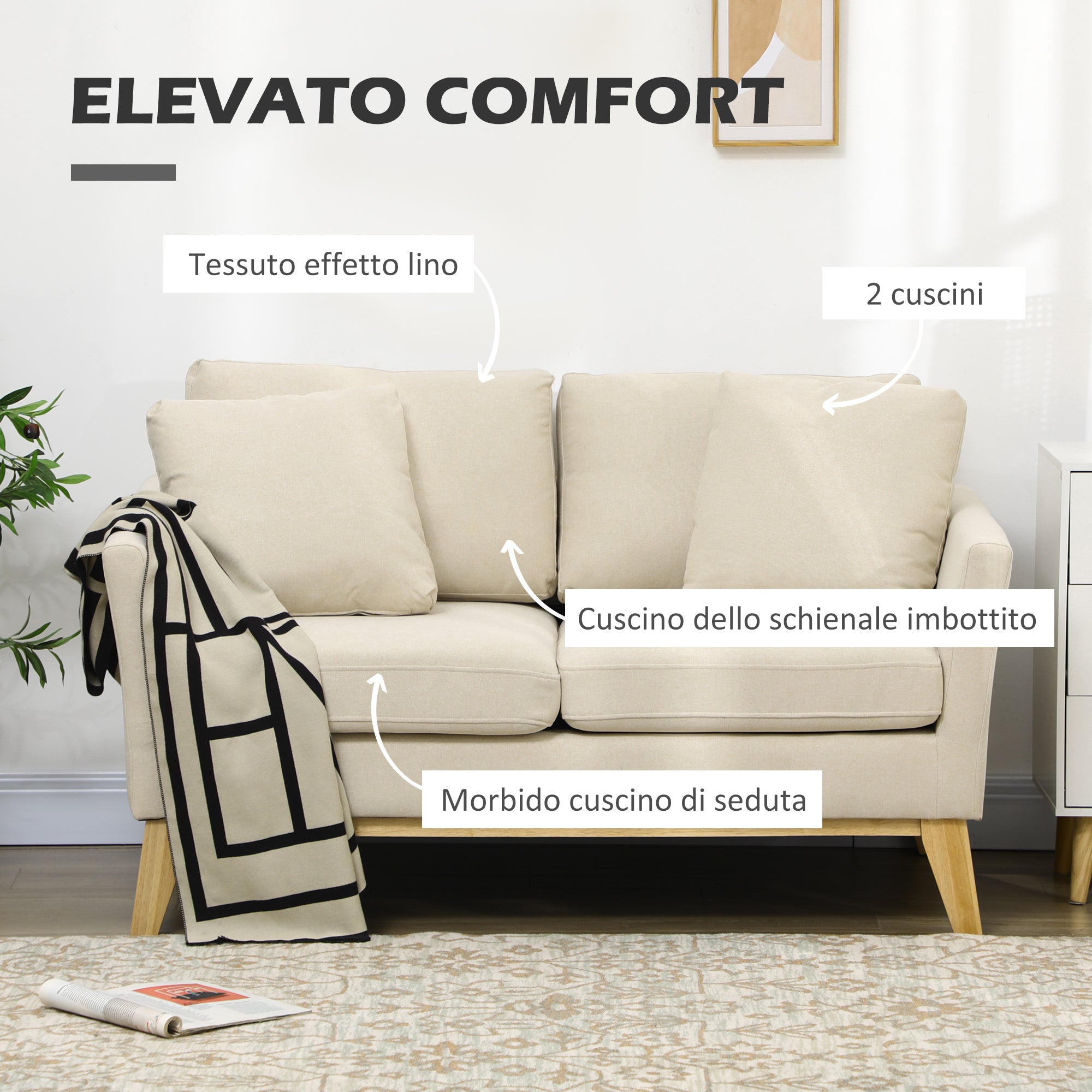 EasyComfort Divano da 2 Posti in Legno di Eucalipto e Tessuto Effetto Lino con 2 Cuscini, 137x78x78 cm, Beige