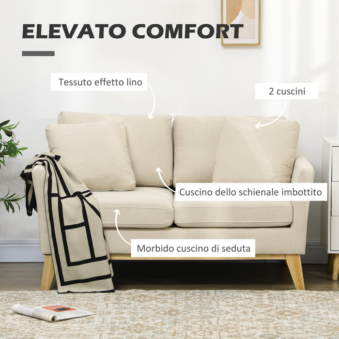 EasyComfort Divano da 2 Posti in Legno di Eucalipto e Tessuto Effetto Lino con 2 Cuscini, 137x78x78 cm, Beige