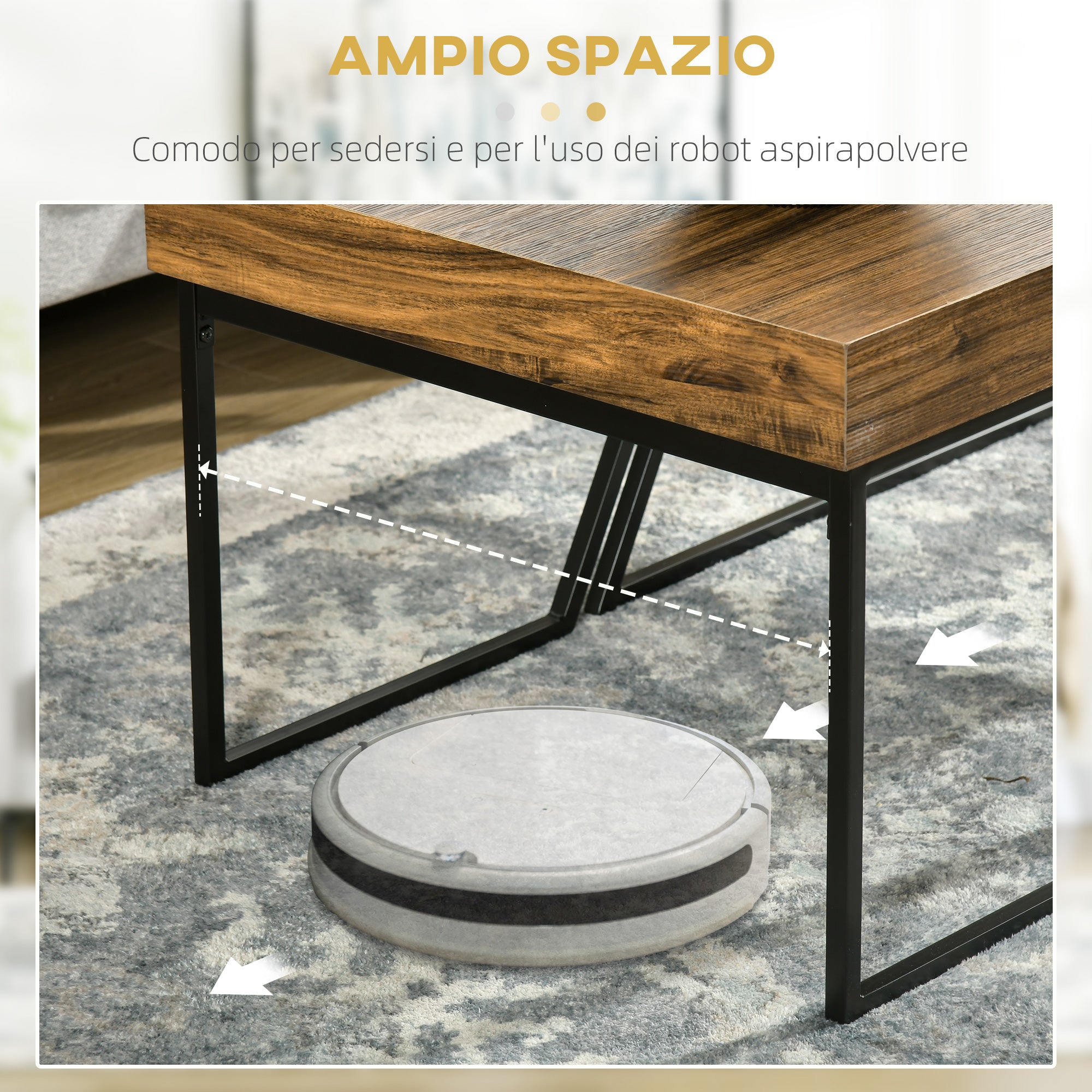 Easycomfort Set 2 Tavolini da Caffè in Truciolato e Acciaio, Tavolo Nero 80x60x42 cm e Tavolo Marrone 60x60x46 cm