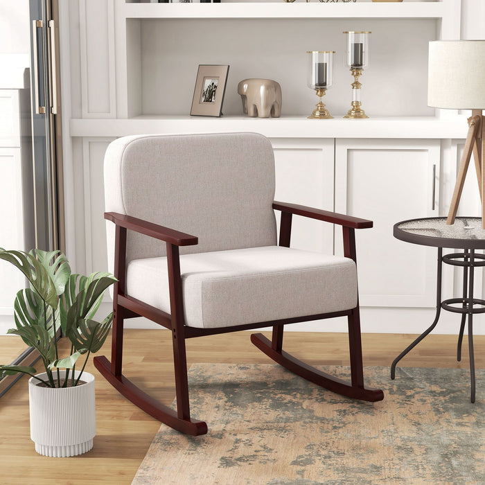 Easycomfort Poltrona a Dondolo in Tessuto Effetto Lino e Legno con Braccioli e Cuscini, 66x78x76 cm, Beige e Marrone