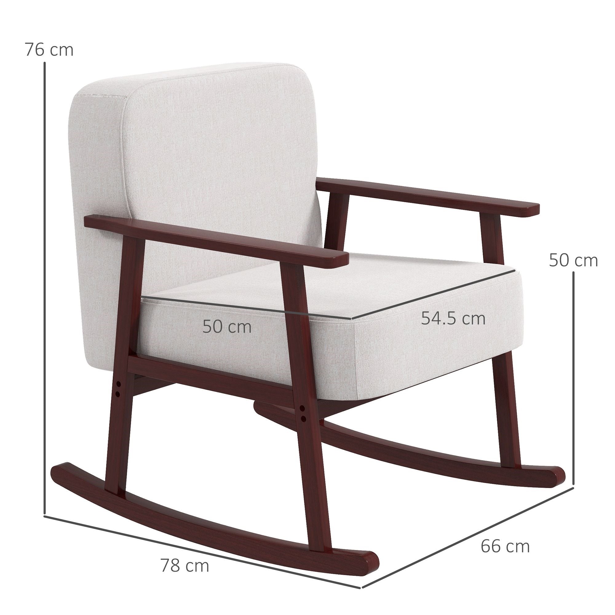 Easycomfort Poltrona a Dondolo in Tessuto Effetto Lino e Legno con Braccioli e Cuscini, 66x78x76 cm, Beige e Marrone