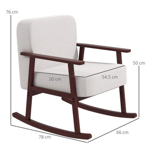 Easycomfort Poltrona a Dondolo in Tessuto Effetto Lino e Legno con Braccioli e Cuscini, 66x78x76 cm, Beige e Marrone