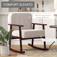 Easycomfort Poltrona a Dondolo in Tessuto Effetto Lino e Legno con Braccioli e Cuscini, 66x78x76 cm, Beige e Marrone