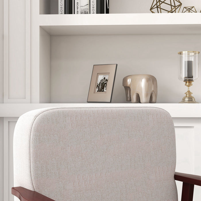 Easycomfort Poltrona a Dondolo in Tessuto Effetto Lino e Legno con Braccioli e Cuscini, 66x78x76 cm, Beige e Marrone