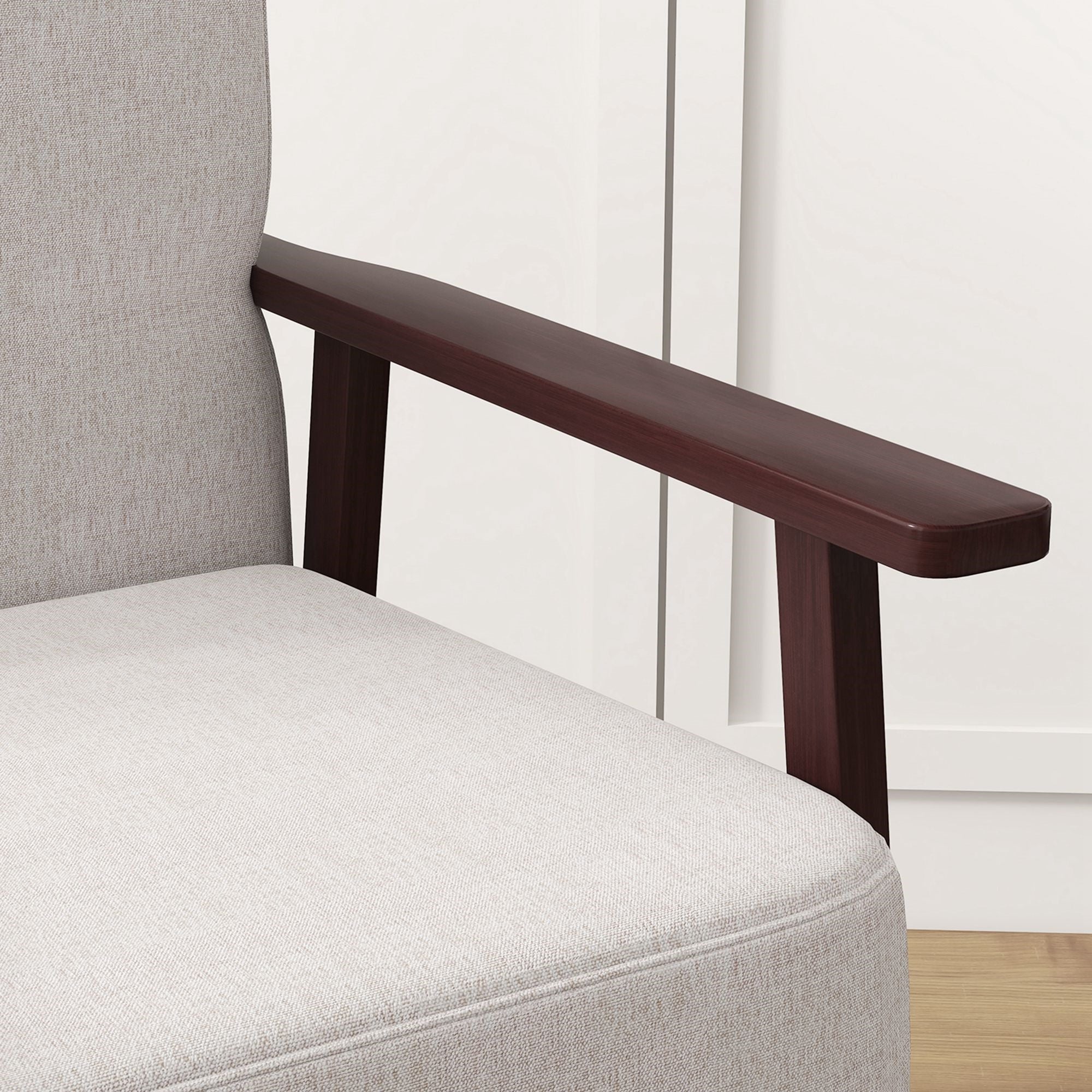 Easycomfort Poltrona a Dondolo in Tessuto Effetto Lino e Legno con Braccioli e Cuscini, 66x78x76 cm, Beige e Marrone