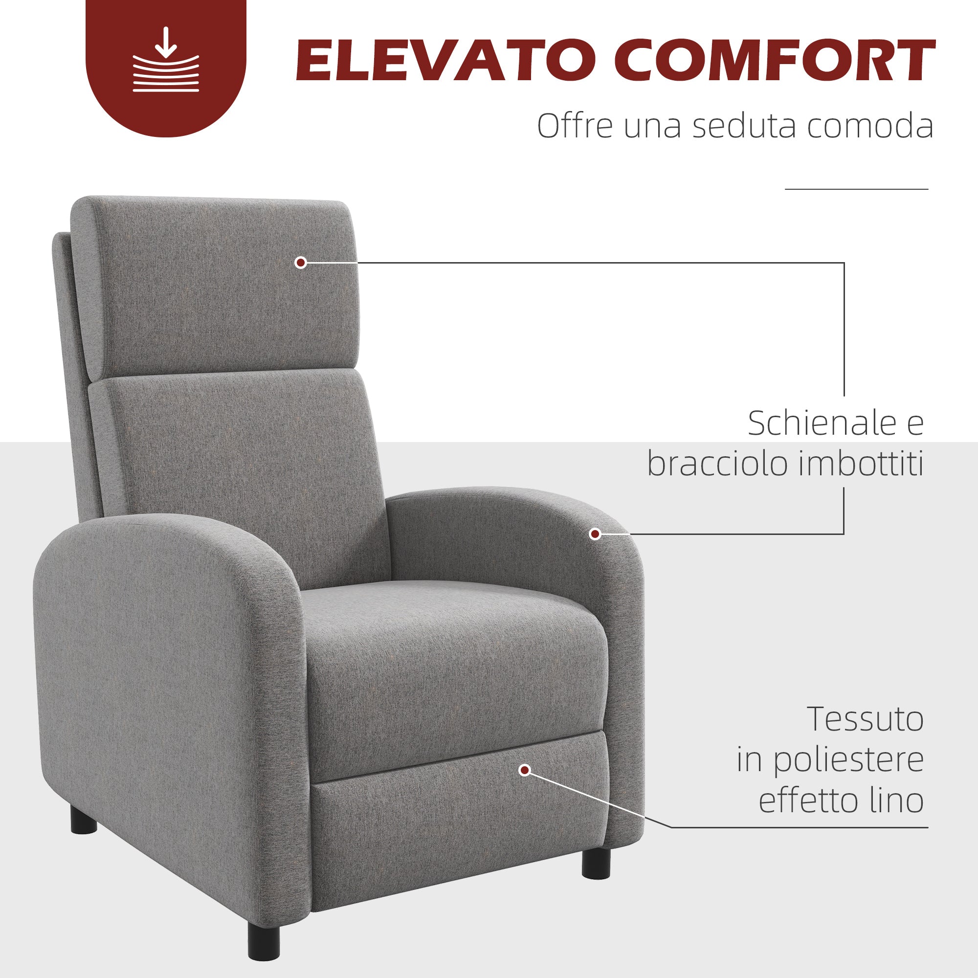 Easycomfort Poltrona Reclinabile 160° in Tessuto Effetto Lino con Braccioli Quadrati, 64x86x102 cm, Grigia