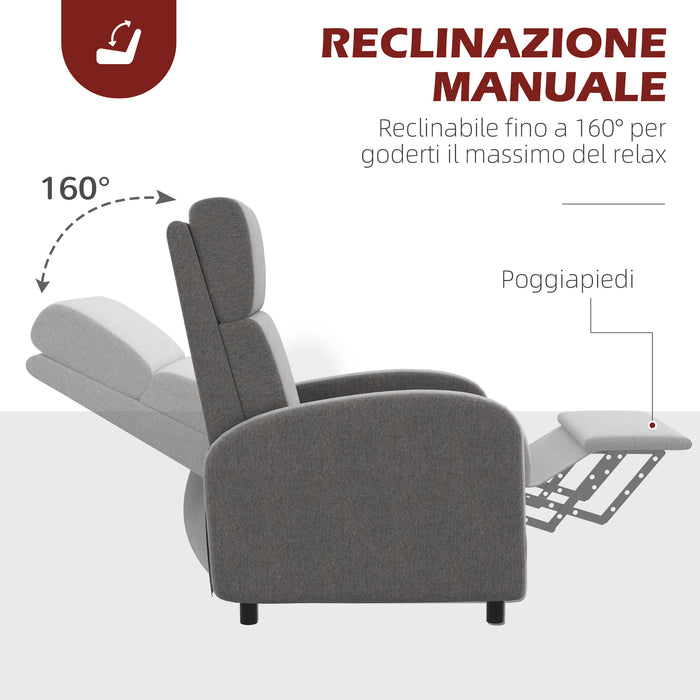 Easycomfort Poltrona Reclinabile 160° in Tessuto Effetto Lino con Braccioli Quadrati, 64x86x102 cm, Grigia