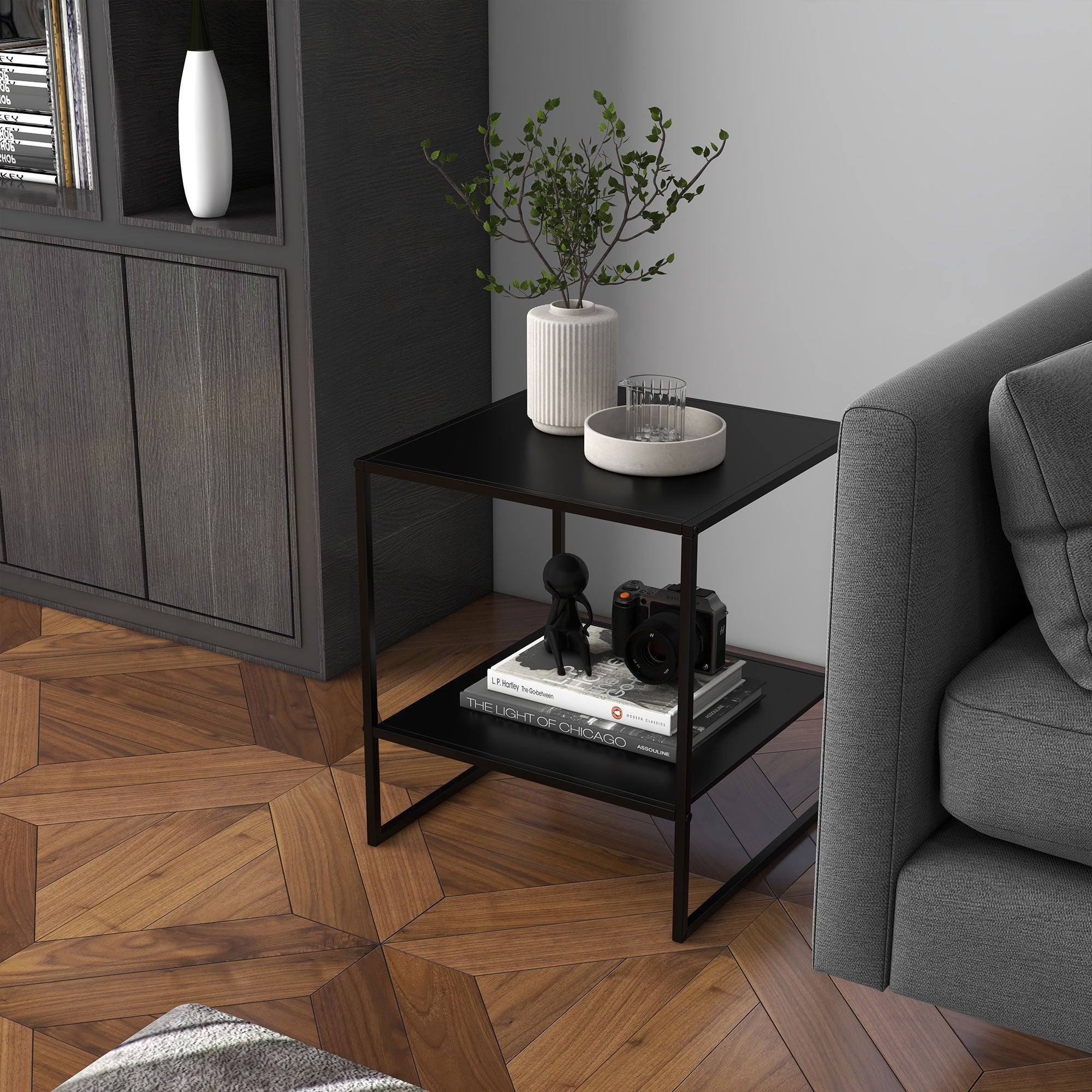 EasyComfort Tavolino da Caffè in Stile Industriale in Acciaio a 2 Ripiani, 40x40x45cm, Nero