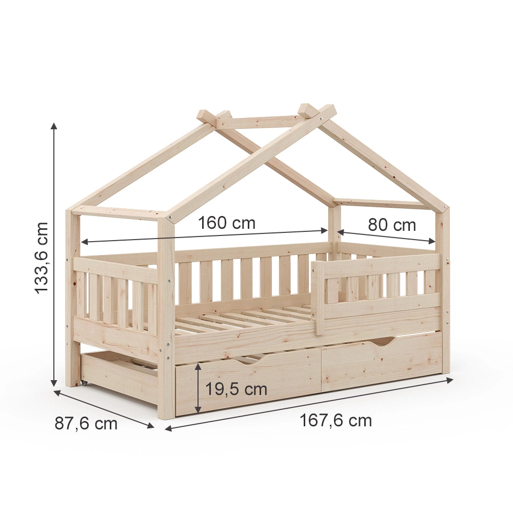 Vitalispa Letto montessori bambini Legno naturale 80x160 cm con letto per ospiti e materasso