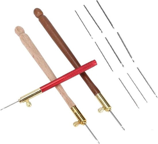 Set di 3 Crocchi per Ricamo con Manico in Legno e Acciaio Inossidabile con 9 Aghi