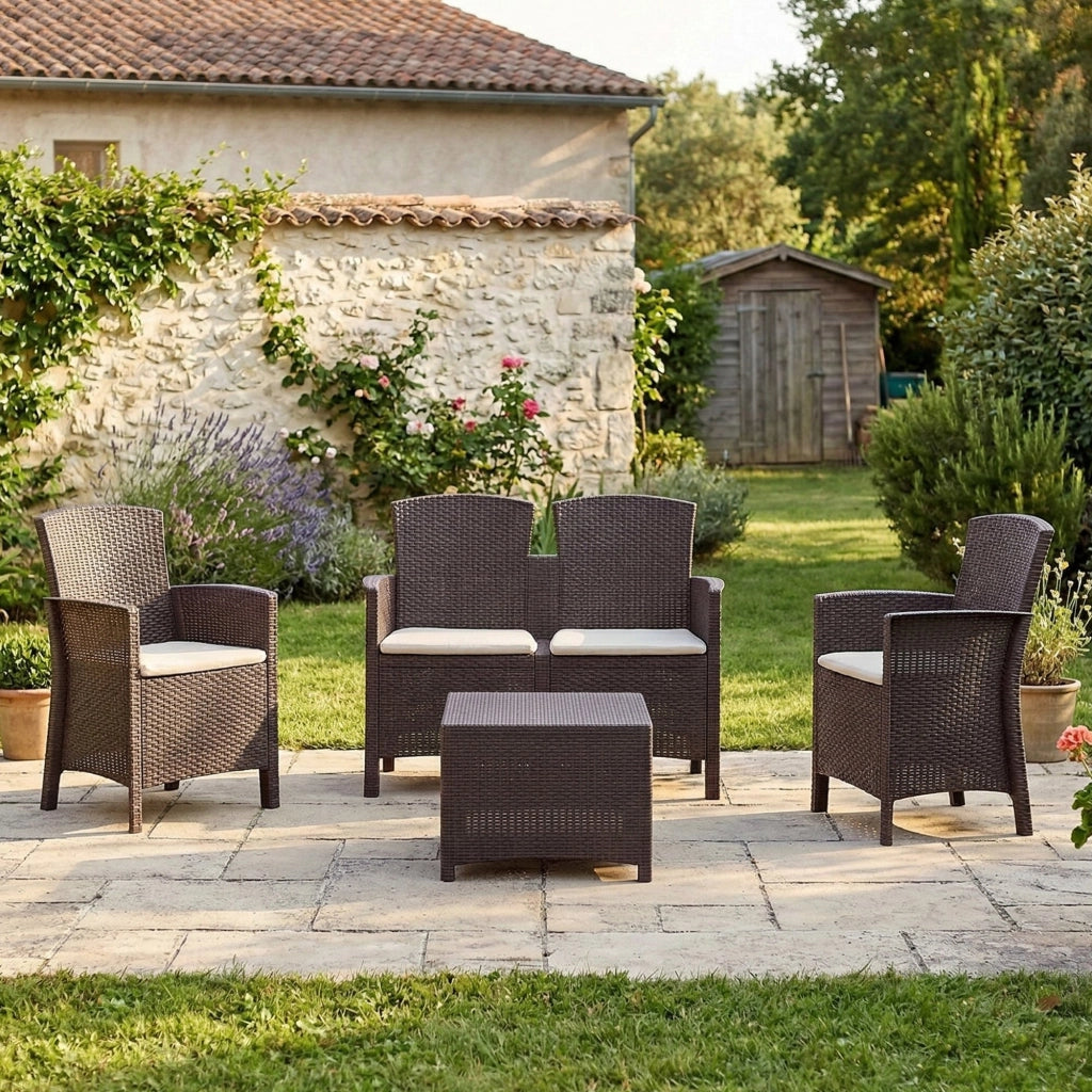 Salottino da esterno Asiak, Set da giardino con cuscini, Salottino  effetto rattan, 100% Made in Italy colore Marrone