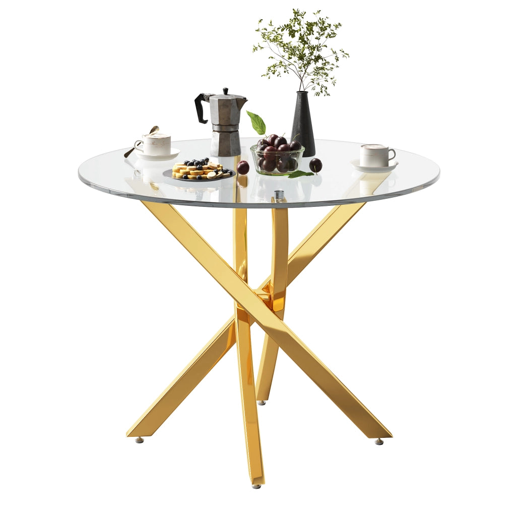 Tavolo rotondo 80x80x75 cm con piano in vetro temperato e gambe incrociate in metallo; oro