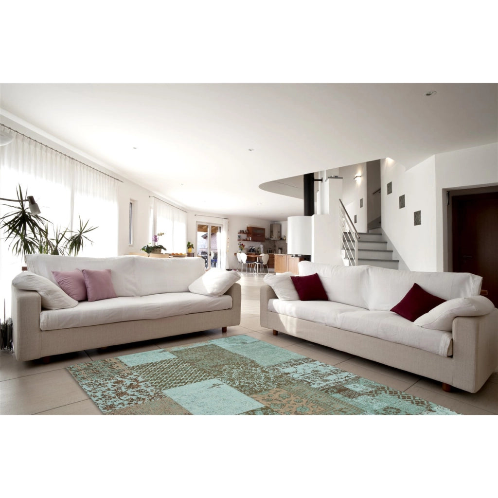 Tappeto Jacquard 150 turchese in cotone stile patchwork