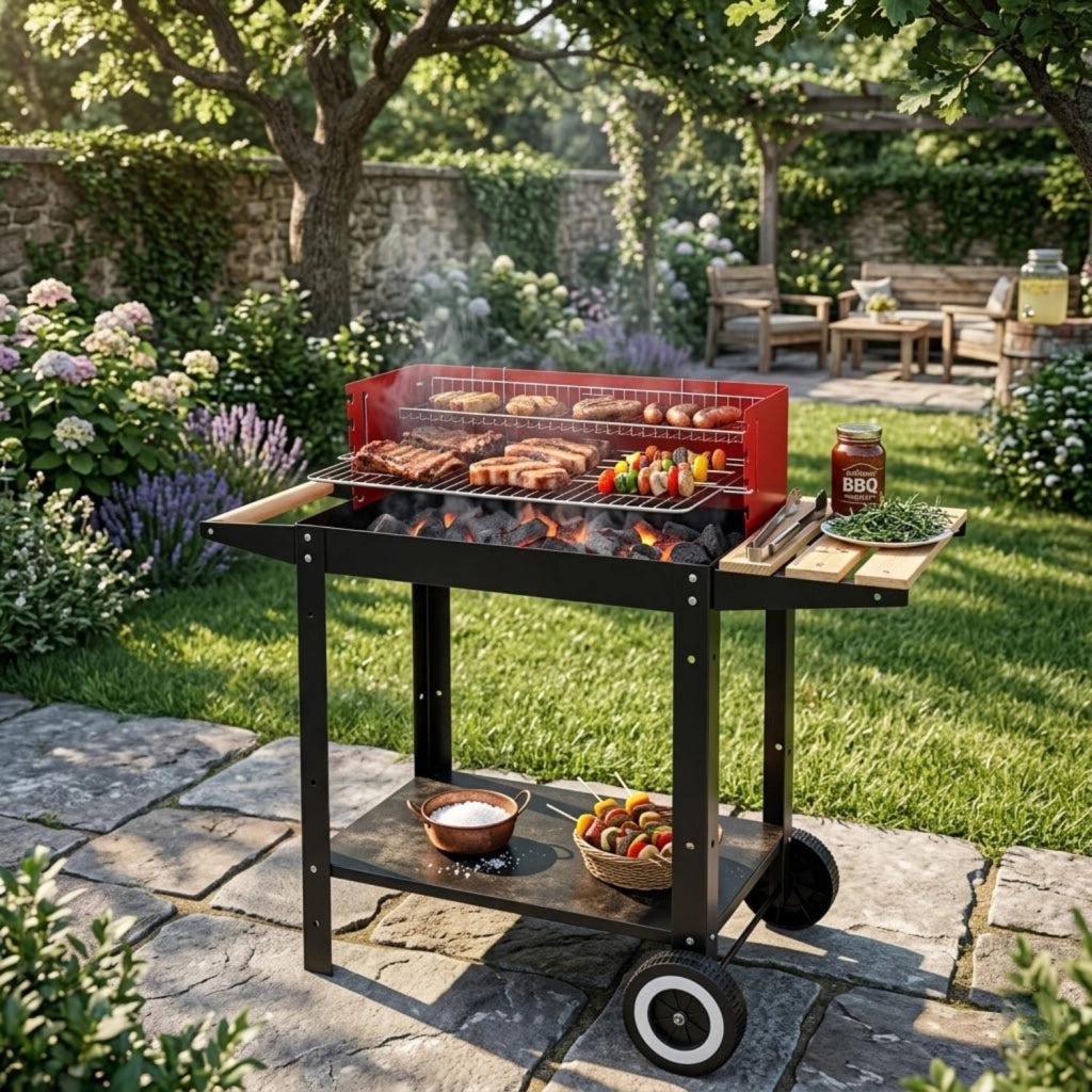 Barbecue Con Griglia Regolabile Accessori Inclusi Ripiano Laterale Mensola Inferiore Ruote Integrate E Griglia Scaldavivande 86 x 40.5 x 81 Cm Nero