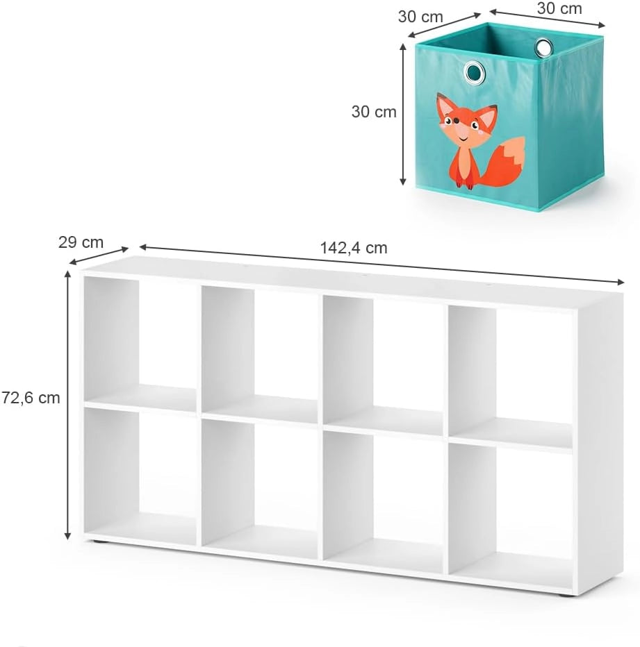 Libreria bambini Scutum, Bianco, 143 x 72 cm con 8 scatole pieghevoli, adatto per riporre giocattoli e libri