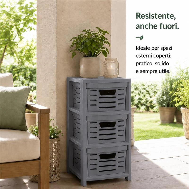 CASSETTIERA  MULTIUSO IN POLIPROLPILENE CON 3 CASSETTI , DOPPIA APERTURA E RUOTE - 365X28,5X51,5  CM COLORE GRIGIO