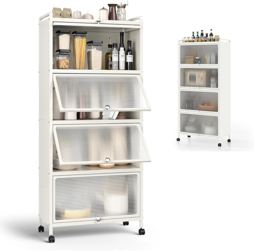 Mobile Dispensa Cucina a 5 Livelli, Mensola Microonde con Anta a Vista, Ruote, Dispositivo Antiribaltamento, Scaffale da Cucina in Ferro per Soggiorno, Sala da Pranzo, 60x32x154cm (Nero)
