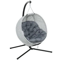 Cesto Sospeso a Forma di Uovo, Amaca con Funzione Altalena e Cestino Pieghevole, Sedia da Giardino, Portabicchieri, Grigio
