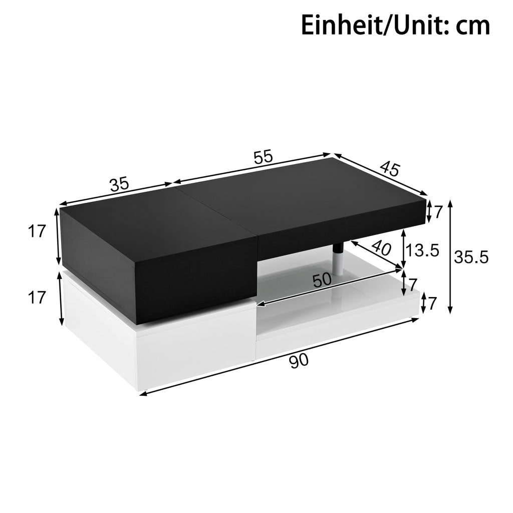 Tavolino da caffè 90x45x35.5 cm; LED con APP e Bluetooth; pannello truciolare e vetro; nero e bianco