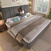Letto matrimoniale 160x200 cm con contenitore; testiera con portabicchieri e stazione di ricarica; grigio in lino