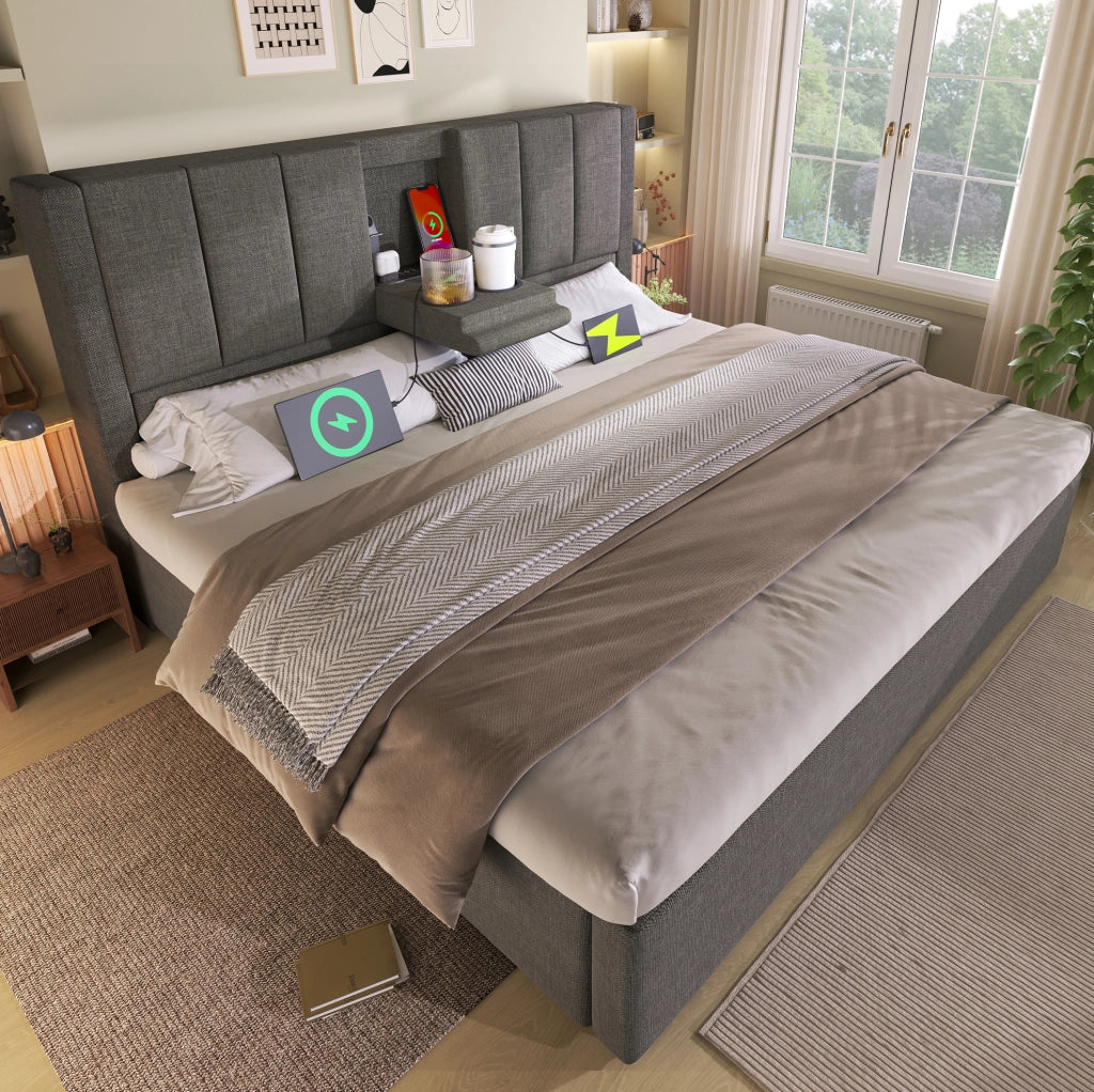 Letto matrimoniale 160x200 cm con contenitore; testiera con portabicchieri e stazione di ricarica; grigio in lino