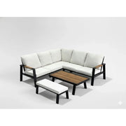 Salon da giardino angolare CALVARO 4 posti in alluminio nero con cuscini beige, panca e tavolino effetto legno