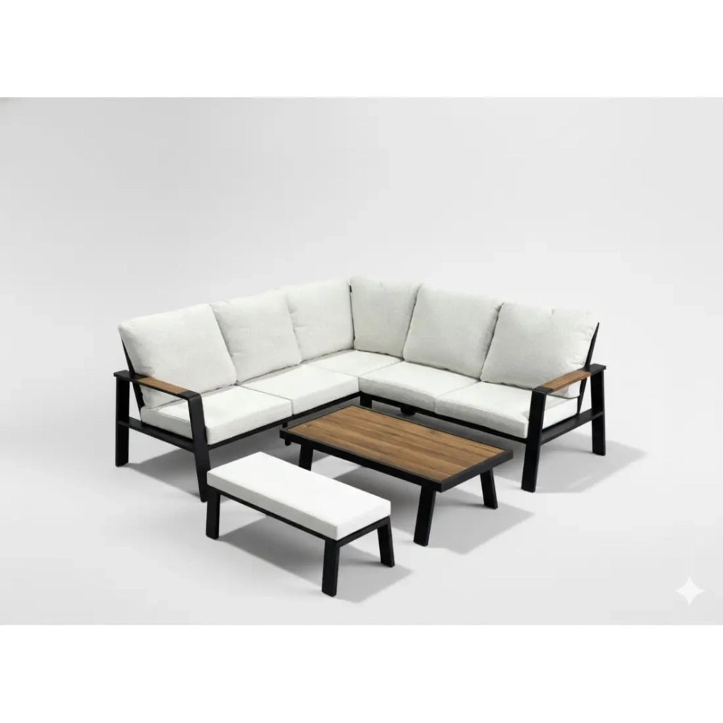 Salon da giardino angolare CALVARO 4 posti in alluminio nero con cuscini beige, panca e tavolino effetto legno
