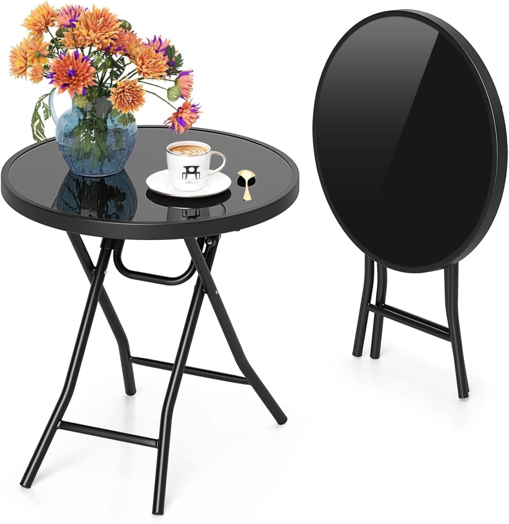 Tavolo da giardino rotondo pieghevole, tavolino da terrazza da 45,7 cm con piano in vetro temperato, telaio in metallo, interno esterno, per giardino, balcone, portico, soggiorno