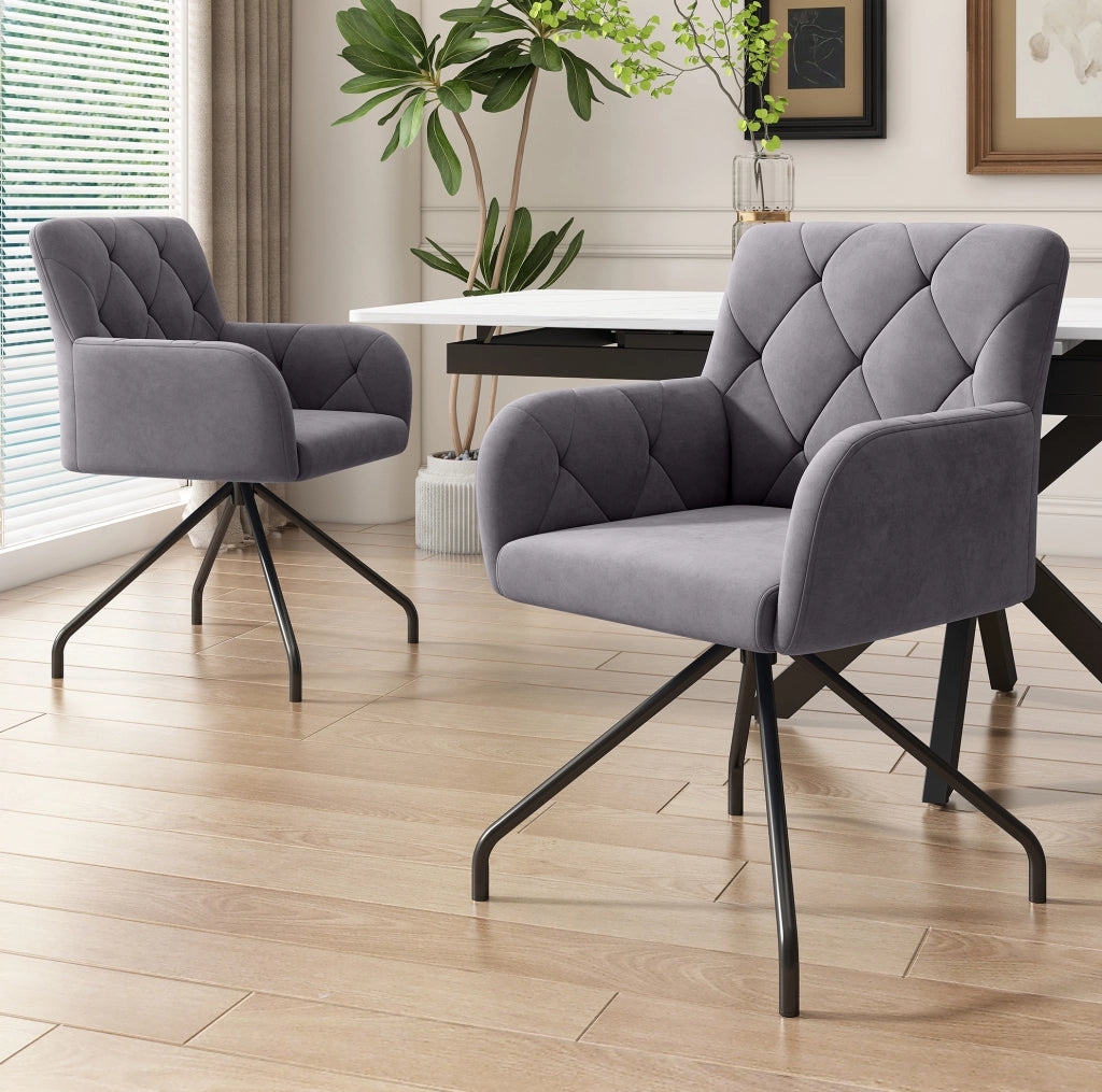 Set di 4 sedie da pranzo imbottite con braccioli in velluto grigio scuro e gambe in metallo