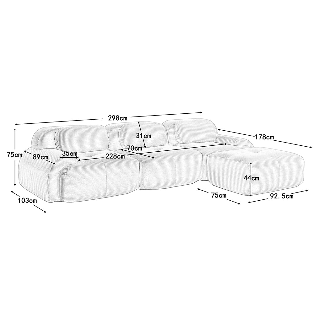 Divano angolare modulare - Xylo - Velluto costato, braccioli XL, imbottitura 32D, grigio