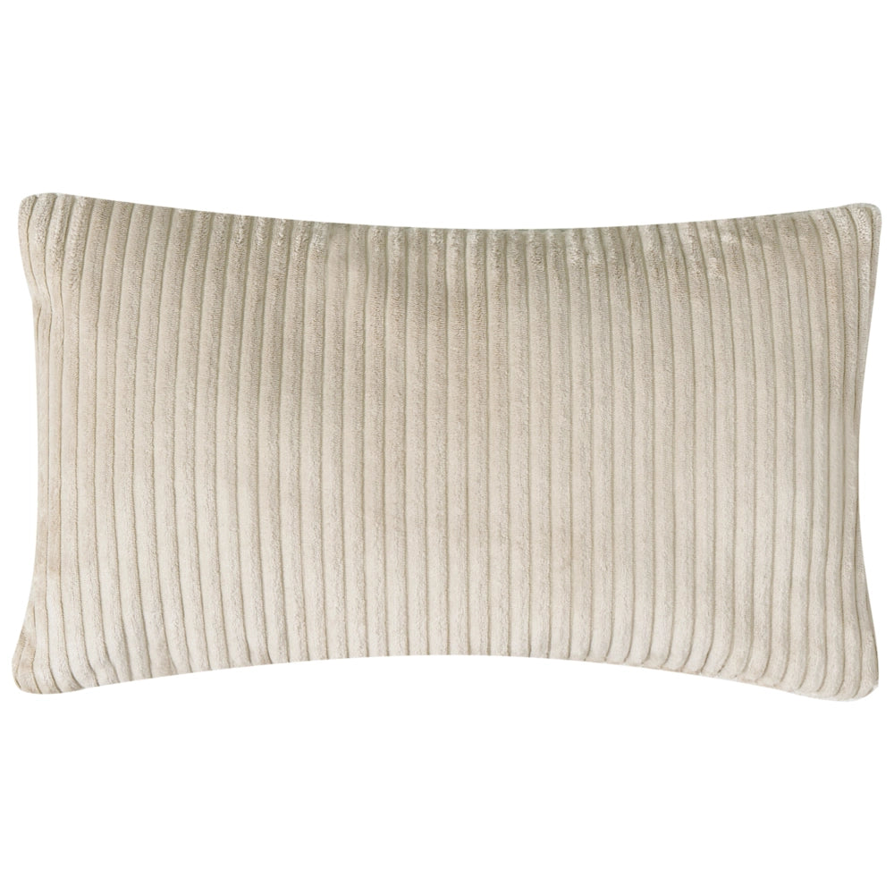 Chaise longue con rivestimento in velluto a coste beige e cuscino decorativo lato sinistro
