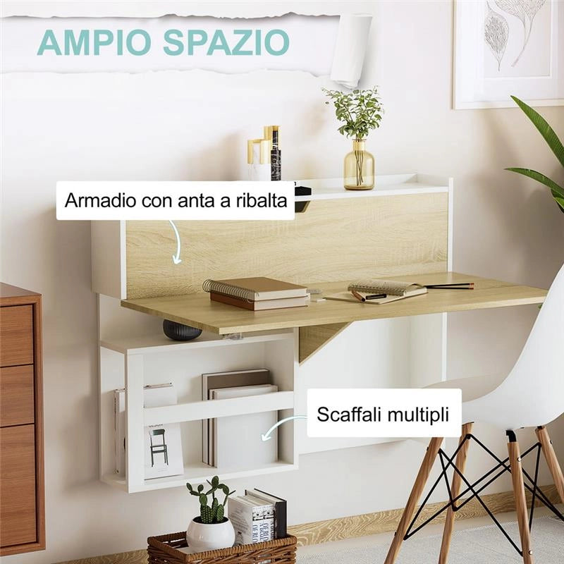 SCRIVANIA A MURO PIEGHEVOLE E SALVASPAZIO CON RIPIANI, PER CASA E UFFICIO, IN TRUCIOLATO, 100X18X74 CM