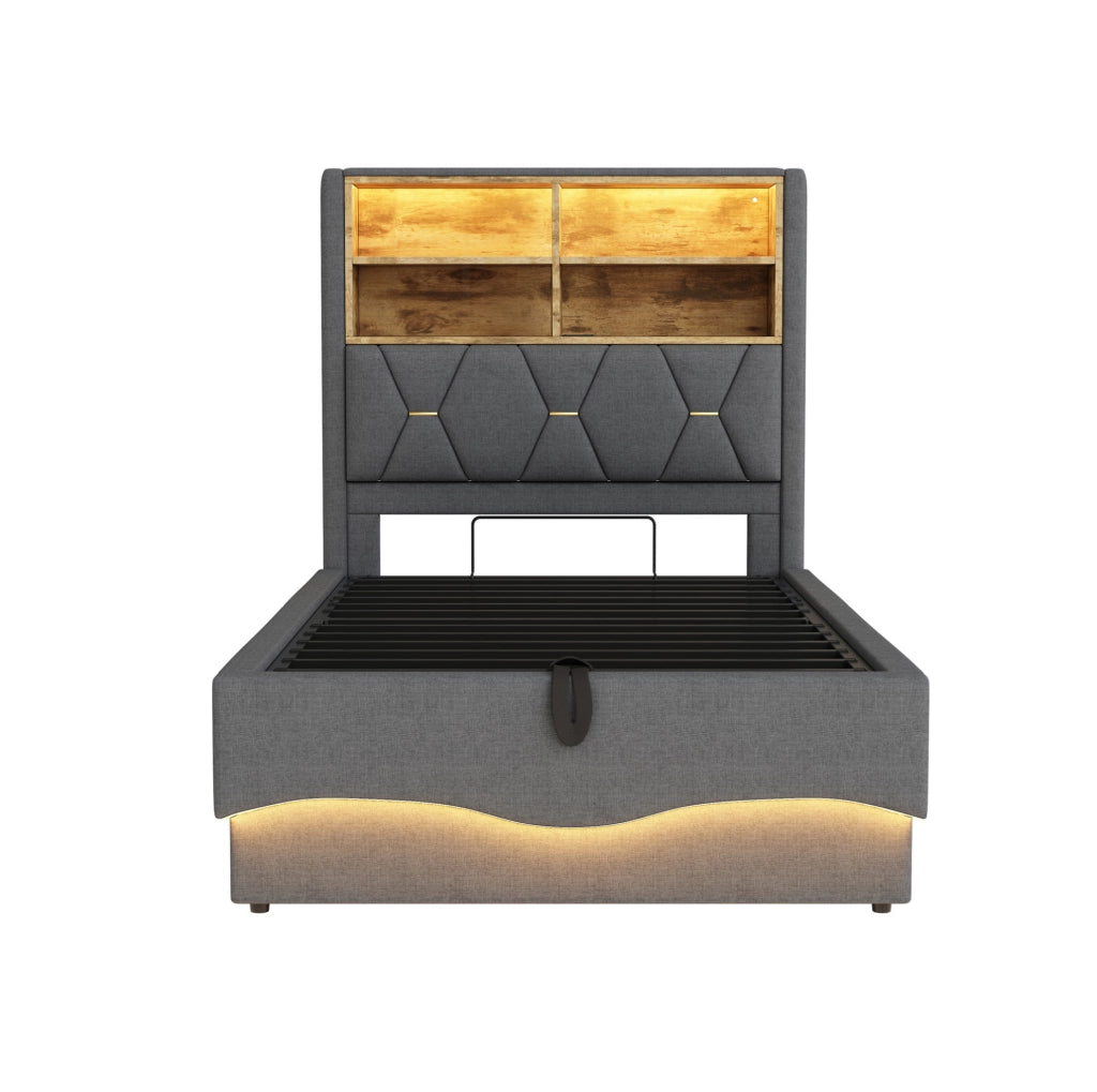Letto imbottito 90x200 cm con contenitore; LED e USB in lino e metallo grigio