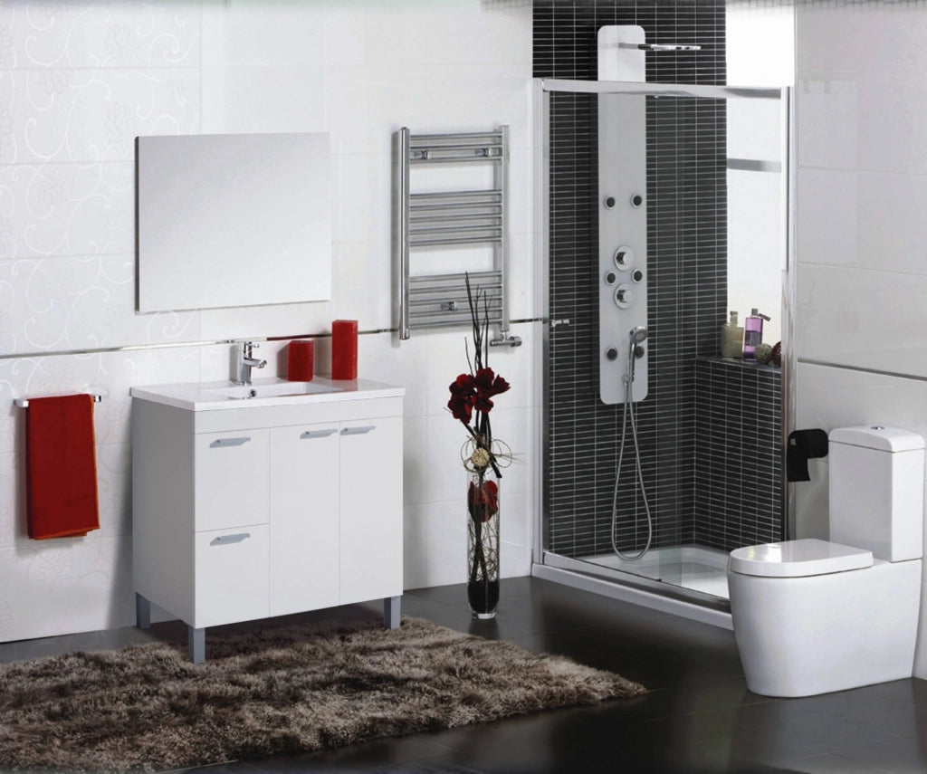 Mobile sottolavabo Aracth, Mobiletto per bagno, Armadio a 2 ante e due cassetti con specchio, lavabo non incluso, cm 80x45h80, Bianco lucido