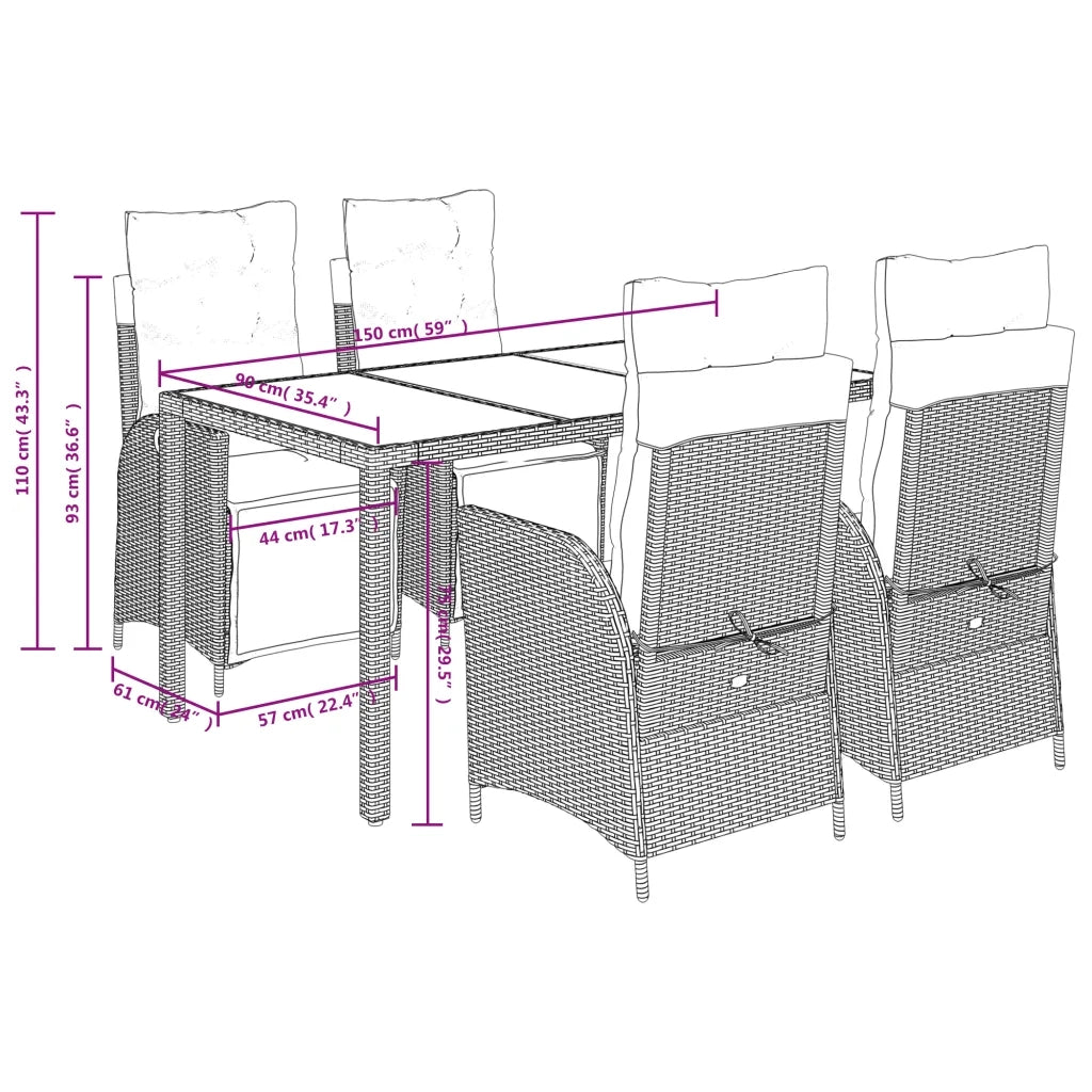 Set da Pranzo da Giardino 5 pz con Cuscini in Polyrattan Grigio