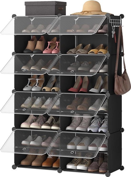 Scaffale per scarpe con 8 contenitori - scaffale per scarpe - cubo con porta - per 32 paia di scarpe - sottile - plastico - telaio in acciaio - per soggiorno - camera da letto - ingresso - corridoio - nero