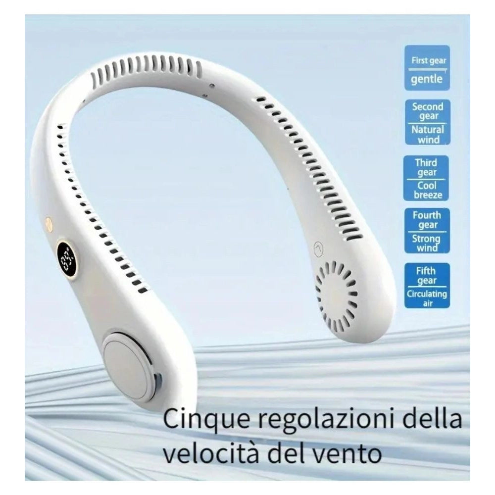 Trade Shop - Ventilatore Da Collo Portatile Display 5 Livelli Velocità Ricaricabile Usb Sport -