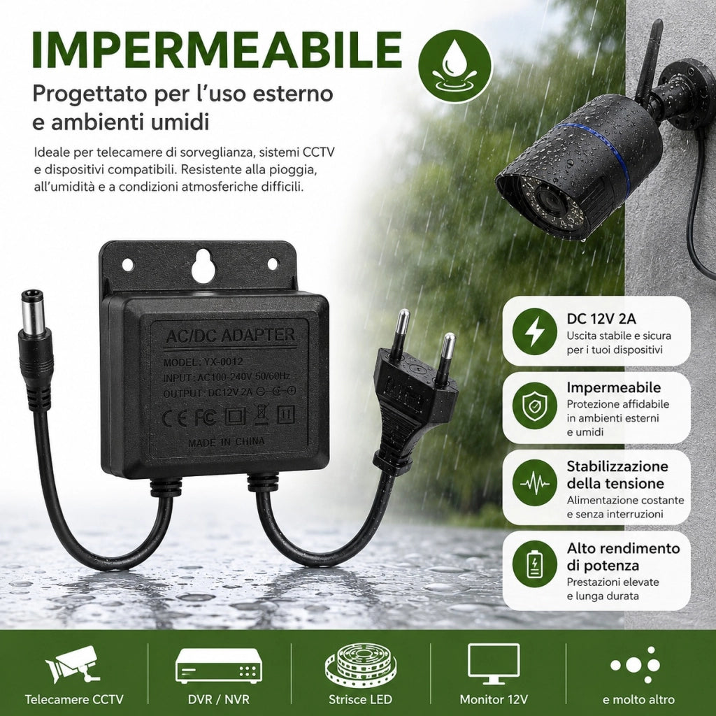 Alimentatore 12V 2A Stabilizzato Impermeabile per Telecamere CCTV LED 5.5x2.1