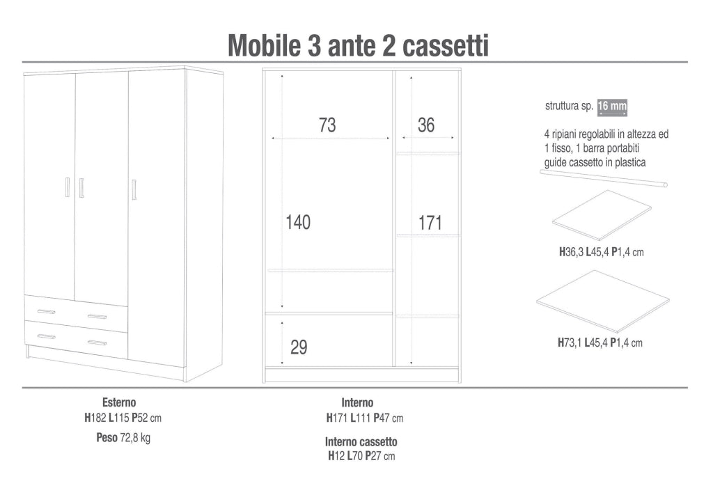 Armadio 3 Ante 2 Cassetti 115x182x52 cm Bianco Lisco