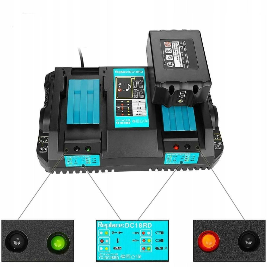 Caricabatterie Doppio PowerFix DC18RD – Compatibile con Batterie Makita 7,2V–18V | LED, 4A, 100–240V