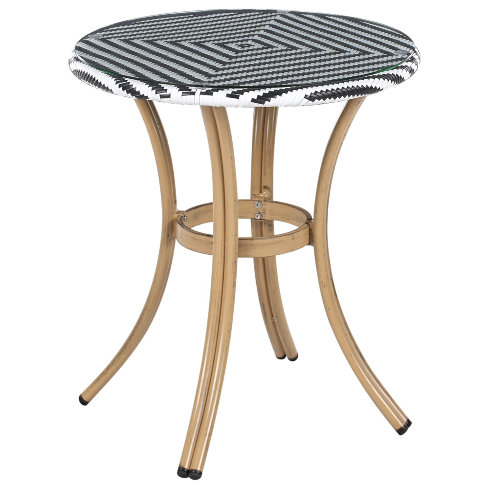 Set da pranzo da giardino a 4 posti Piano in rattan sintetico bianco e Nero Tavolo ø 70 e 4 strutture in alluminio impilabili