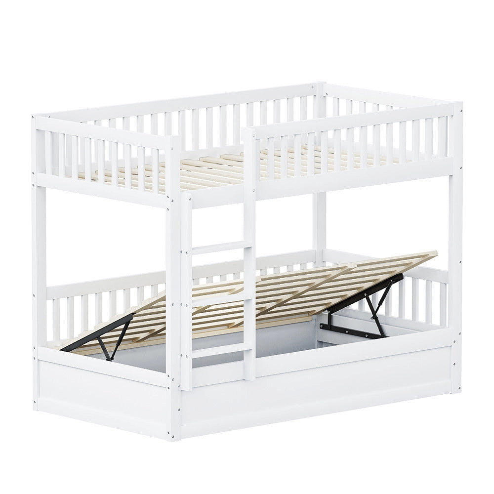 Letto a Castello/Cucce Bambini – Xylo – 90x200cm Legno Massello, Sollevamento Idraulico, Bianco, Robusto