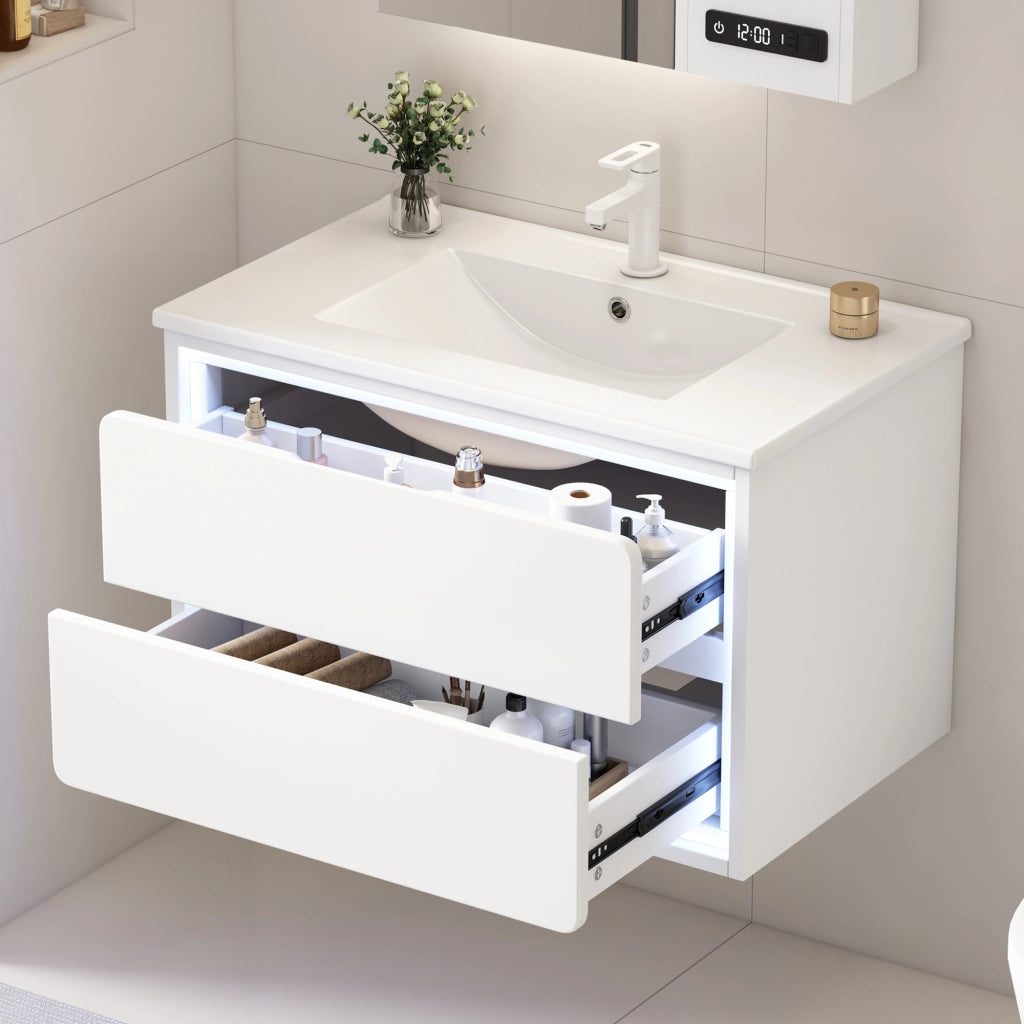 Mobile Bagno Sospeso con Lavabo Integrato e LED ¨C MINIMAL ¨C Bianco, 2 Cassetti, 76x46x48.5cm
