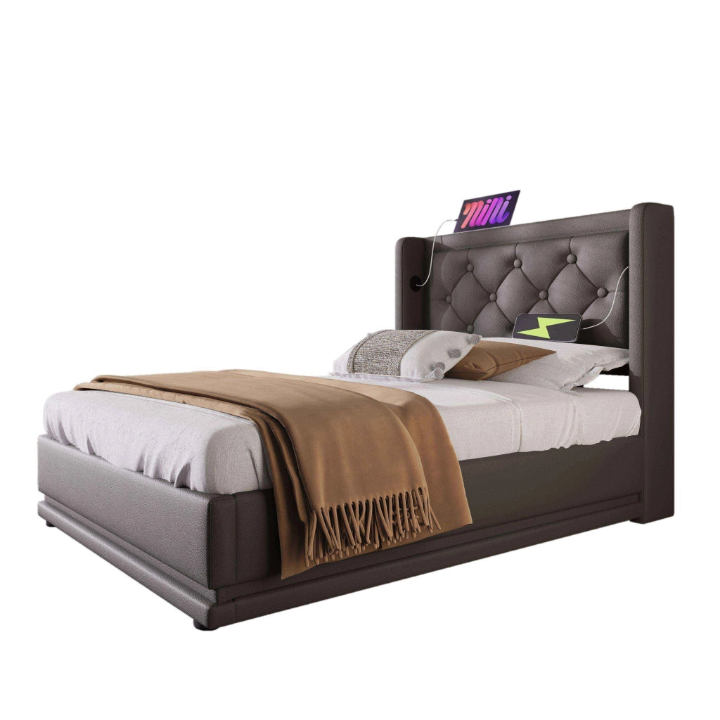 Letto singolo imbottito 90x200 cm in PU nero con contenitore idraulico, testiera con USB e Type-C, LED a 3 lati