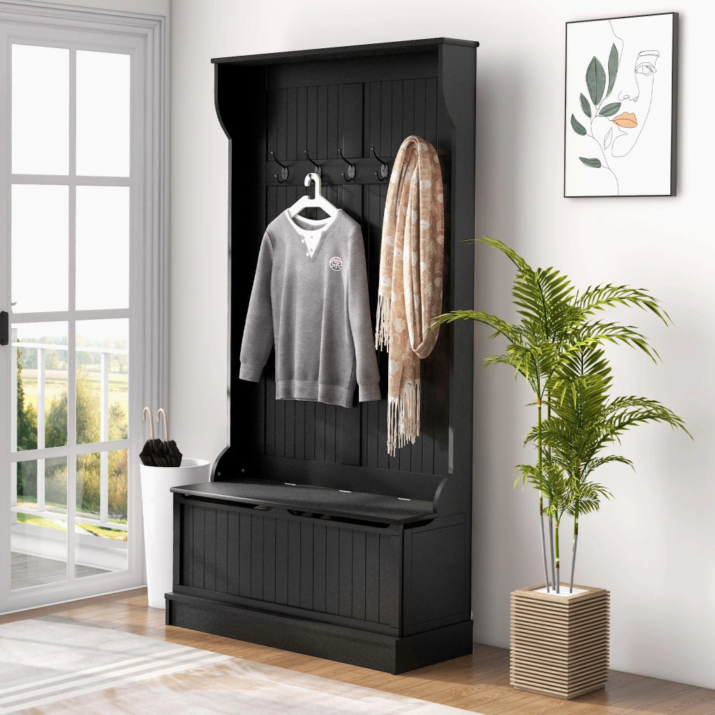 Appendiabiti con Panca Portascarpe e 5 Ganci ¨C Xylo ¨C Nero Moderno 96x34x179,7 cm