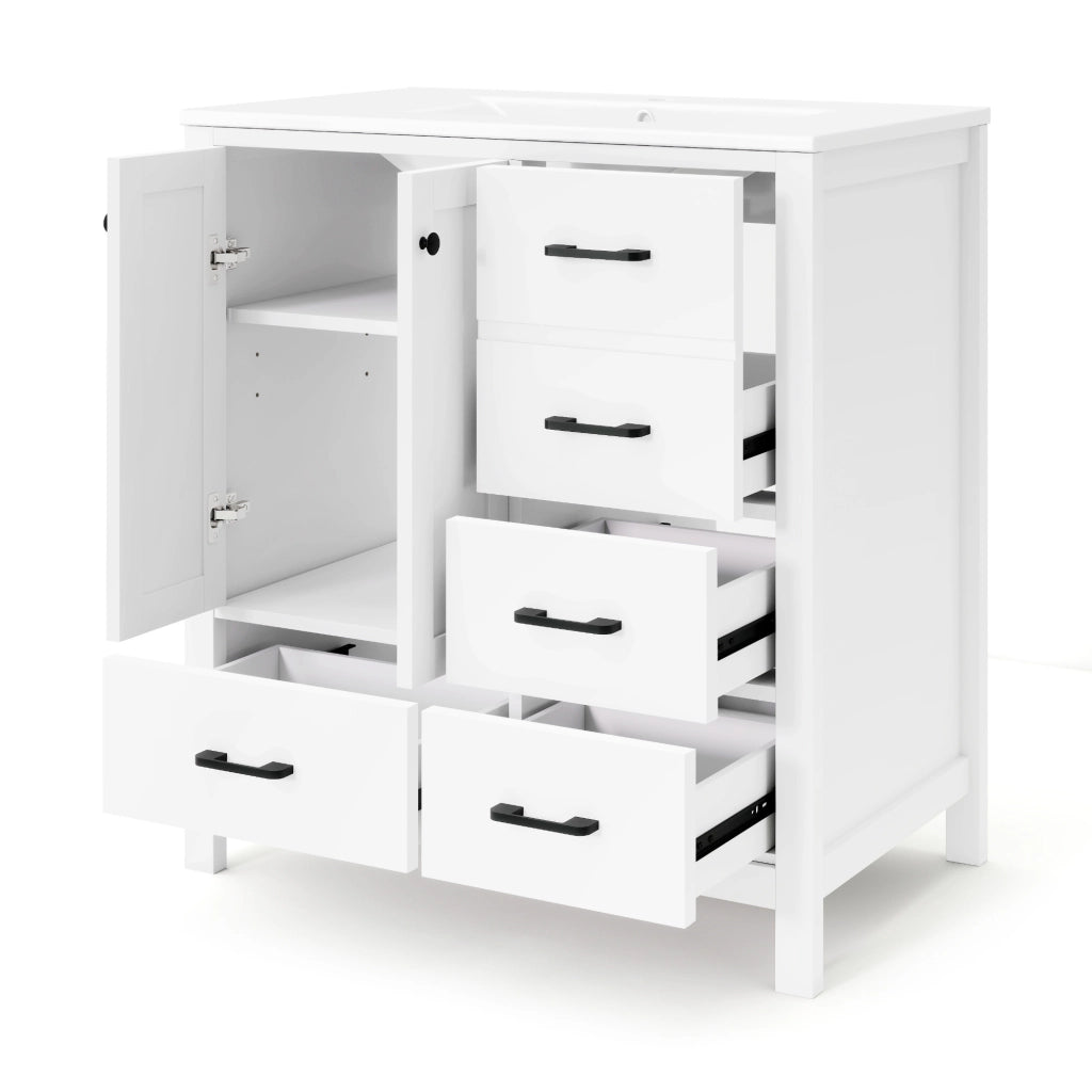 Mobile bagno freestanding 76¡Á46¡Á82 cm con lavabo in ceramica, MDF laccato bianco, 4 cassetti e ripiani regolabili