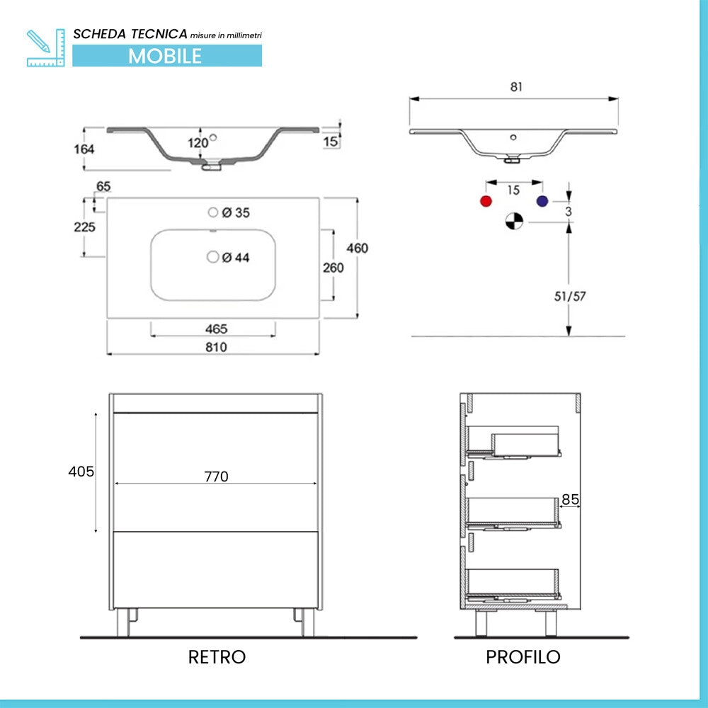 Mobile bagno a terra 80 cm in bianco lucido con lavabo e specchio Leda