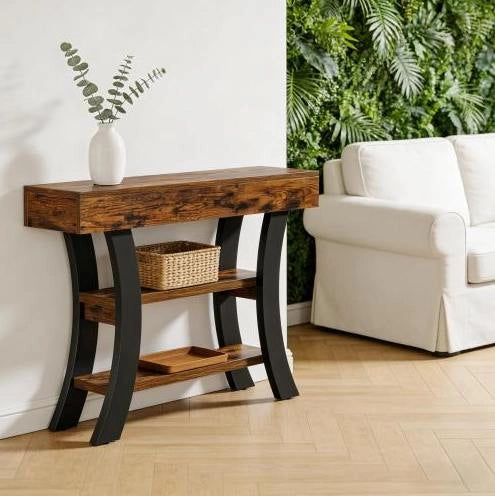 Consolle ULEVR 105x30x80 cm con 3 ripiani aperti, struttura in MDF e metallo, nero e marrone rustico
