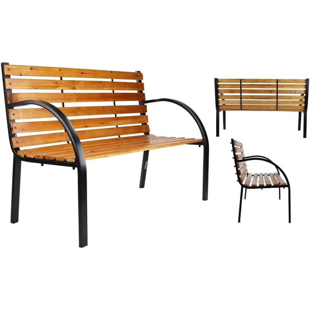 Trade Shop - Panchina Da Parco Panca Con Braccioli In Metallo Legno Marrone 122x60x81cm Arredo Giardino -